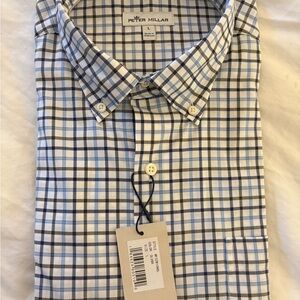 Peter Millar Men's Blue and White Plaid Button-Down Shirt